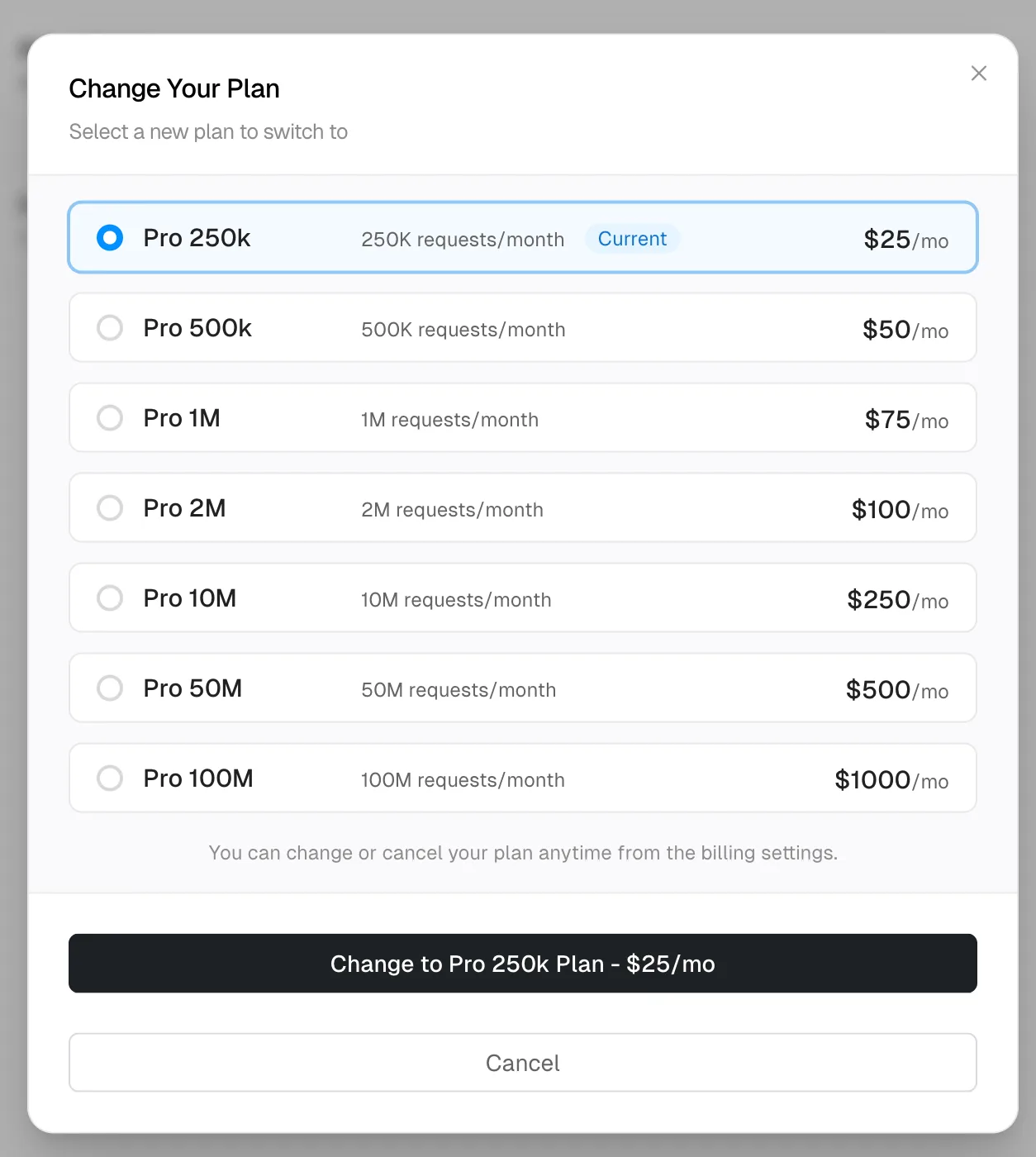 Plan selection modal