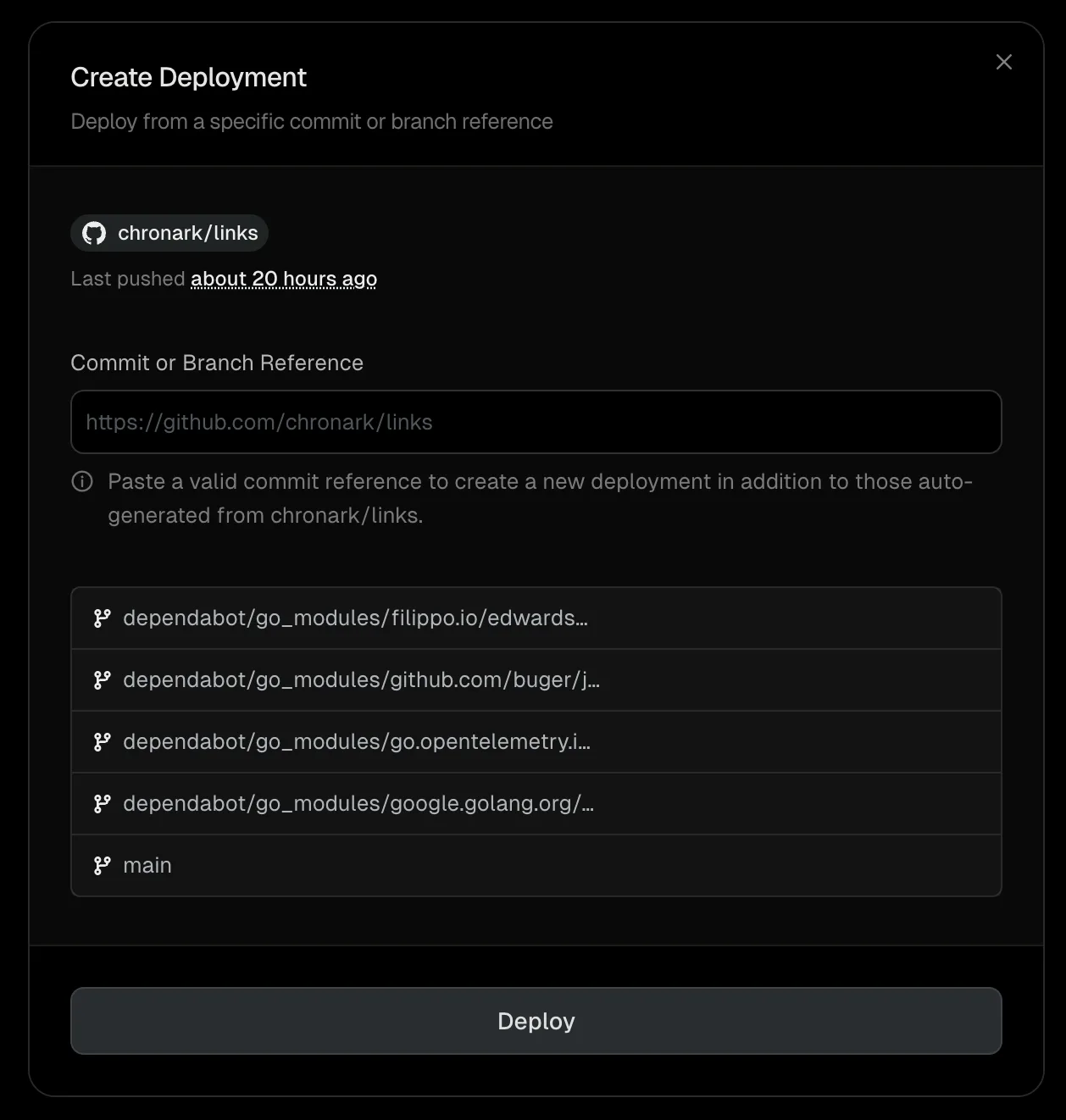 Create deployment dialog