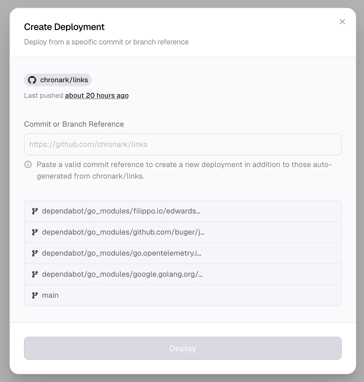 Create deployment dialog