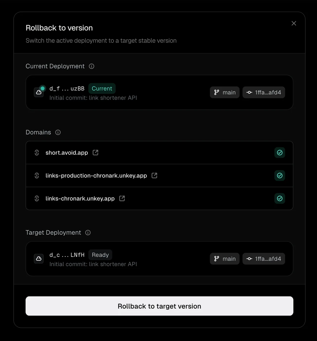 Rollback confirmation dialog