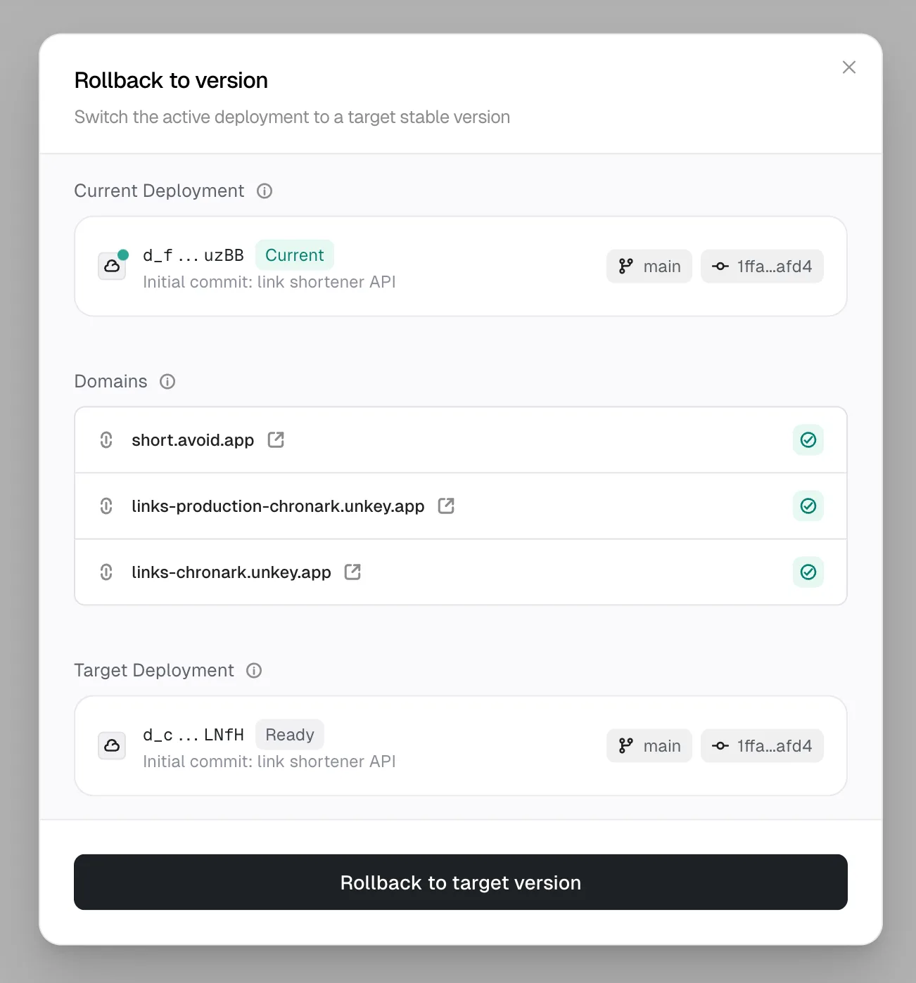 Rollback confirmation dialog