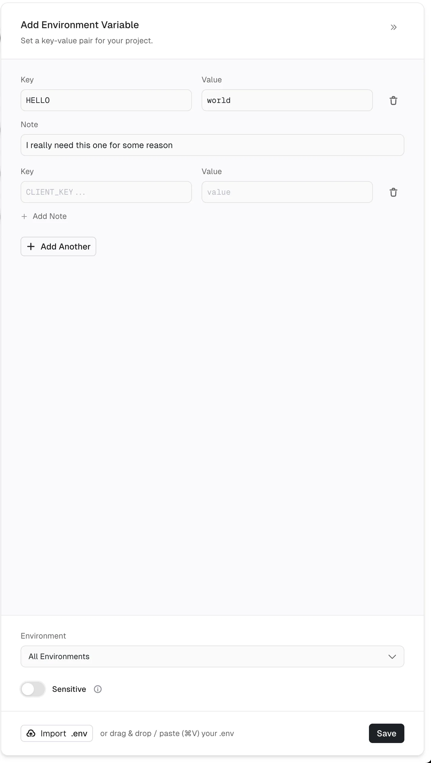 Add environment variable panel
