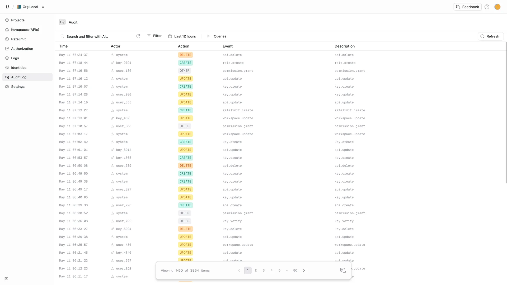 Audit log entries in the Unkey dashboard